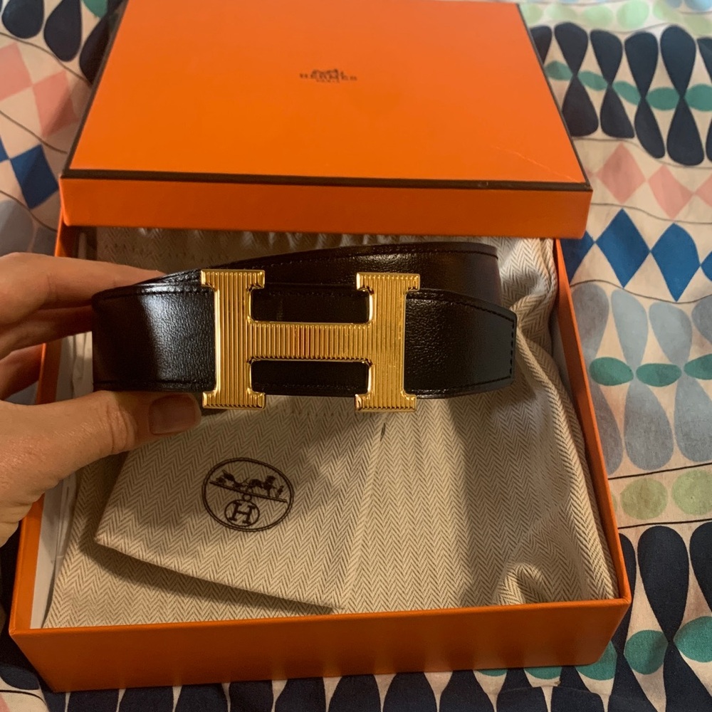 HERMES Black Leather Belt with Gold Buckle